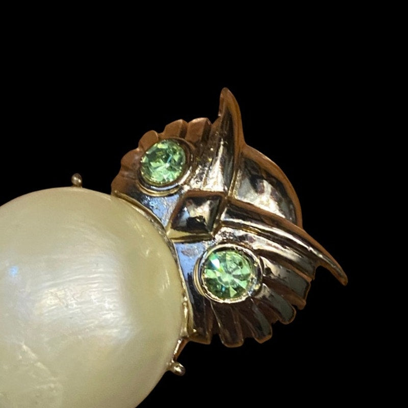 Vintage Pearly White  “Jelly Belly” Gold Toned Green-Eyed Owl Brooch