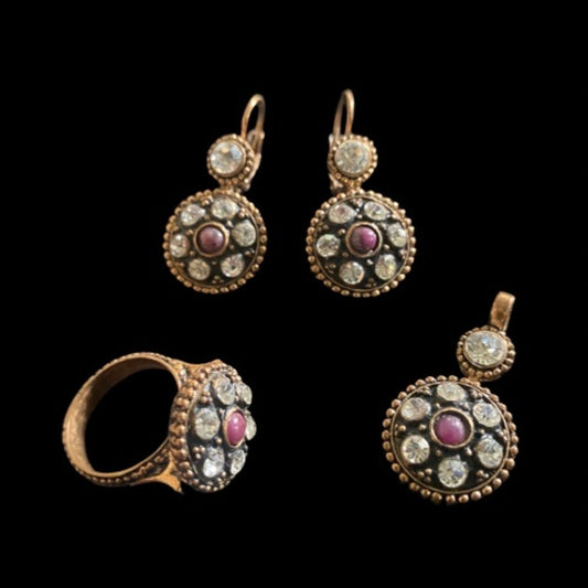Y2K Ottoman Rose Shaped Mock Ruby & Diamente Bronze Circular Drop Earrings, Pendant, & Ring Jewelry Set