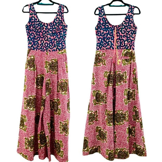 Vibrant Hot Pink, Royal Blue, Lime Green Abstract Ankara Print Wide-Legged Sleeveless Cotton Jumpsuit (M)