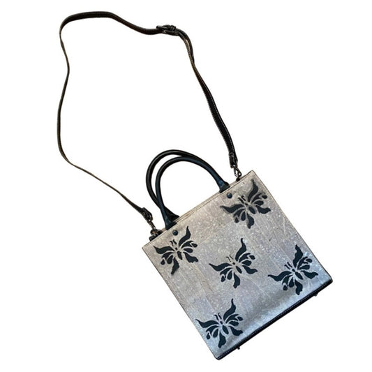 Upcycled Painted Black/Greige Butterfly Cork & Leather Handbag