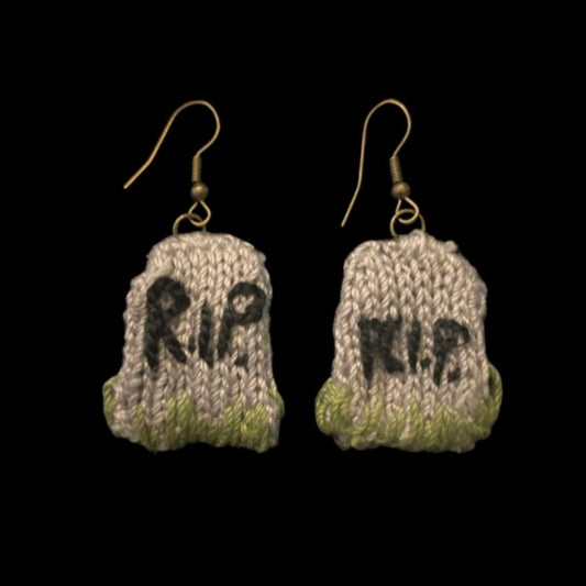 “R.I.P.” Grassy Tombstone Earrings | Handknit with Cotton Thread