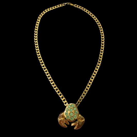 Emerald Rhinestone Studded Crab Pendant Stamped 18 Karat Yellow Gold Chain Necklace