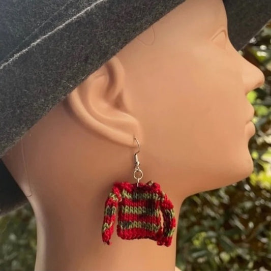 KRUEGER Red & Green Striped Sweater Earrings | Handknit with Cotton Thread
