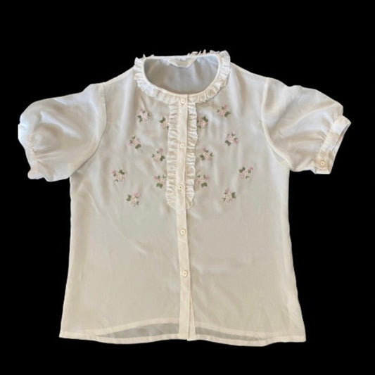 Vintage White Ruffle Collar Embroidered Pink & Green Flowers Sheer Button Down Blouse  (S)