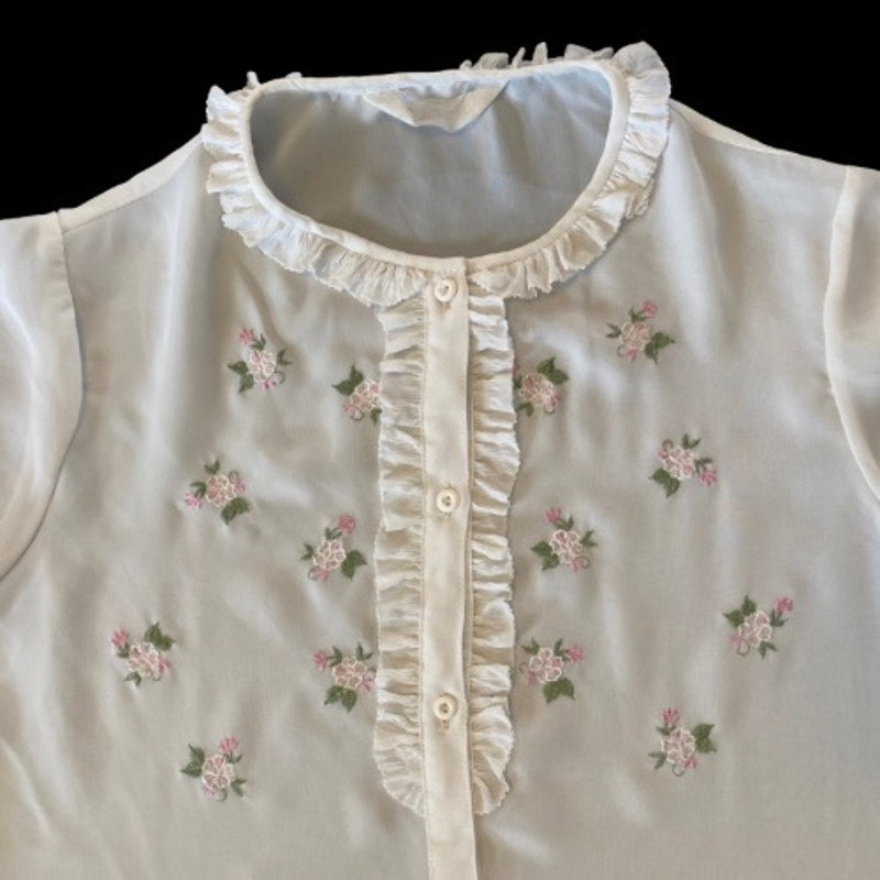 Vintage White Ruffle Collar Embroidered Pink & Green Flowers Sheer Button Down Blouse  (S)