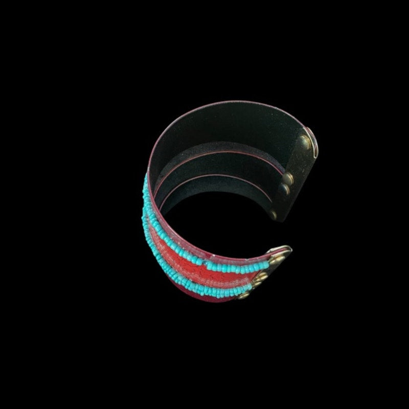 Upcycled Vintage Turquoise Beaded Red & Magenta Pleather Cuff Bracelet