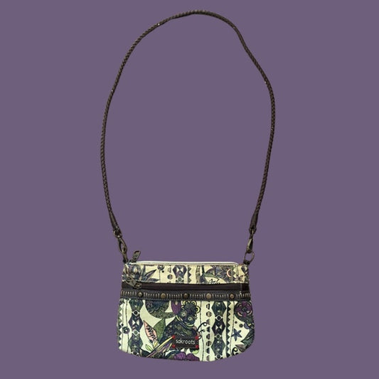 Small Earthy Peace Owl Printed Canvas Crossbody Bag with Dark Brown Faux Leather Strap