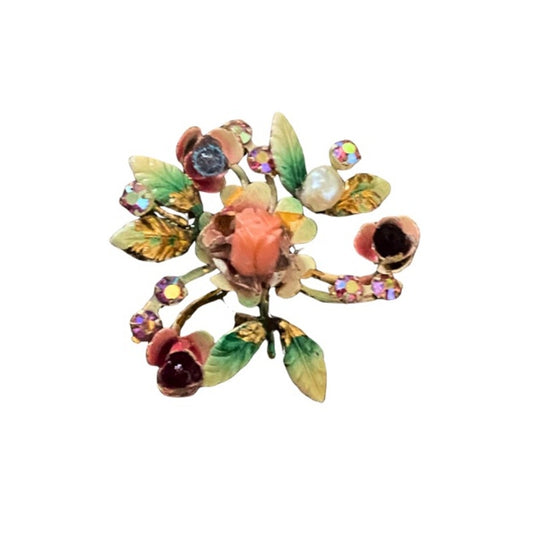 1950’s-60’s Vintage Austrian Enamel Gold Floral Rhinestone Brooch