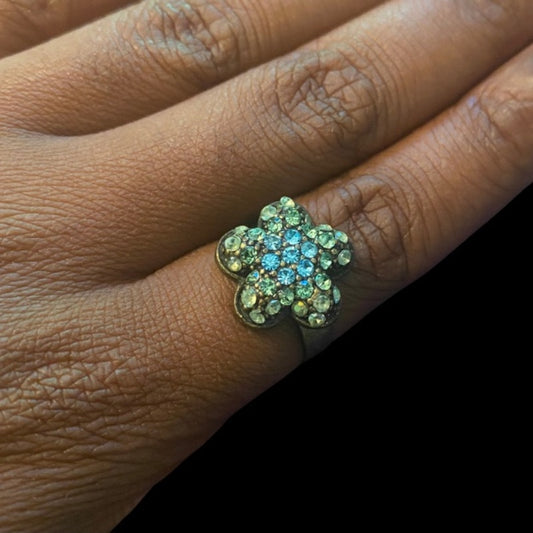 Vintage Blue & Green Rhinestone Flower Ring (7)