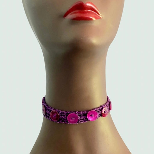 Magenta Purple Shell Button Embellished Purple Handknit Cotton Choker Necklace