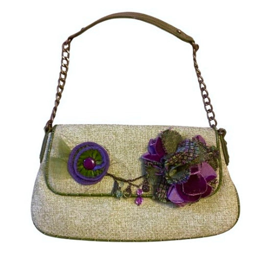 Y2K Green & Purple Flower Accent Shoulder Bag with Faux Alligator Chain Strap