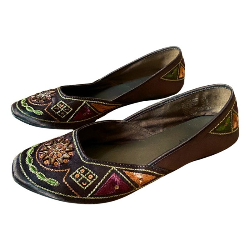 Beaded Sequin Sun Chocolate Brown Embroidered Satin Flats (8)