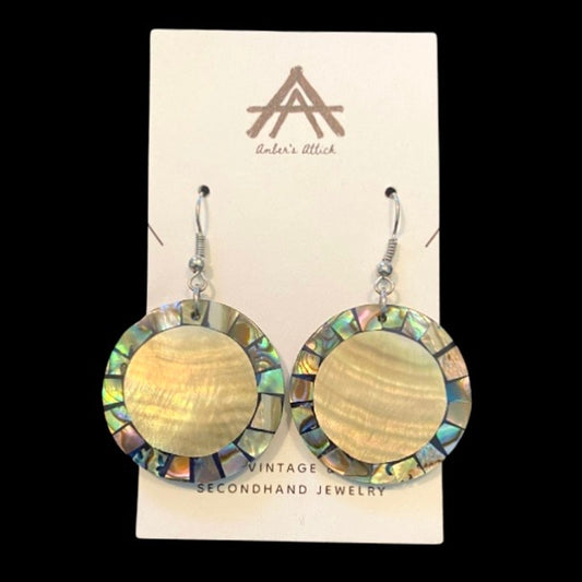 Mother of Pearl & Abalone Shell Mosaic Disc Drop Earrings Black/Rainbow Prism