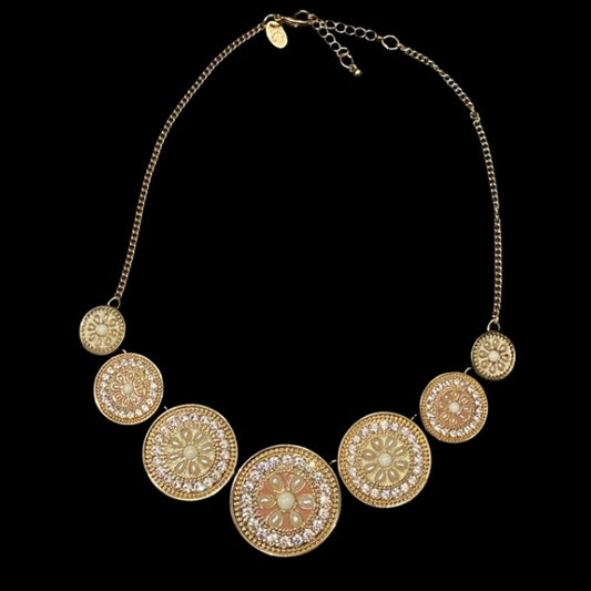 Pink Mock Pearl & Rhinestone Studded Gold Toned Disc Bib Necklace