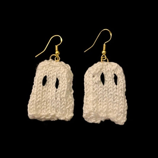 White Minimalist Ghost Handknit Cotton Earrings
