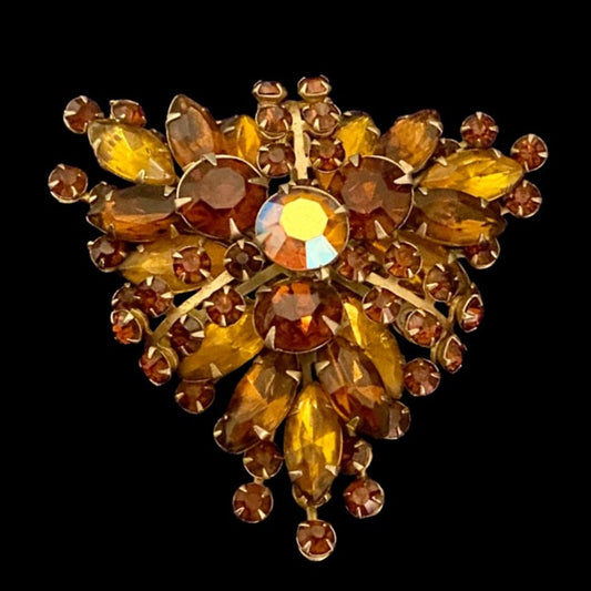 Large 1960’s Vintage Triangular Honey Brown Amber Topaz Rhinestone Brooch