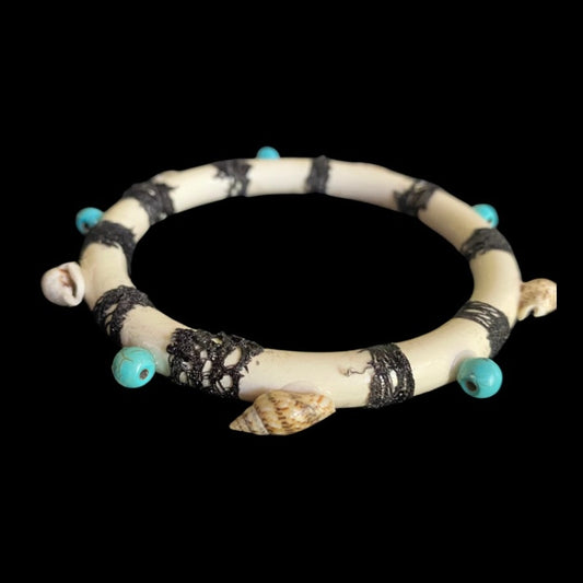 Black Lace Striped Shell & Mock Turquoise Studded Bangle