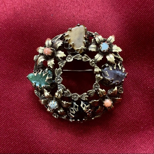 Black Onyx Amethyst Jade Light Blue Chalcedony Yellow Jasper Floral Wreath Pin